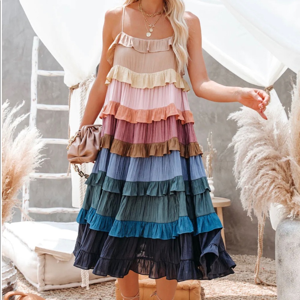 AUTUMN TONES RUFFLE TIERED MIDI DRESS